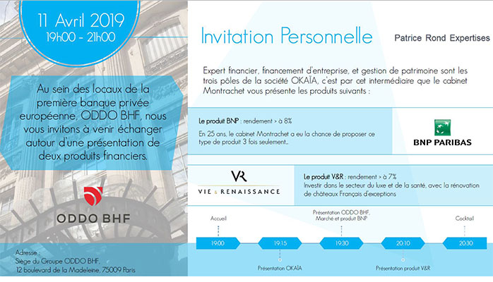Présentation du concept et produit d'investissement "Vie et Renaissance", rendez vous le 11 avril 2019 à 19h